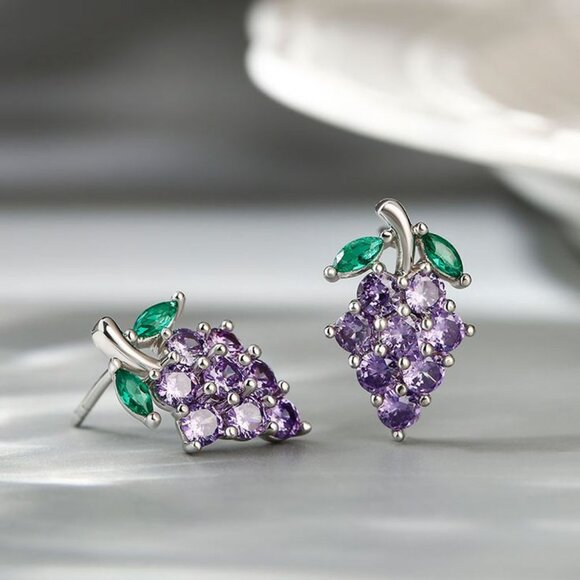 18K Gold Plated Grape Cluster Fruit Wine Theme Austrian Crystal Earrings NEW - Picture 3 of 5